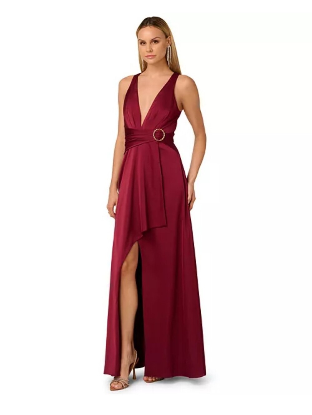 NWT Adrianna Papell Siz 12 Crimson Satin Maxi Dress Plunge Neck Belt Formal $249